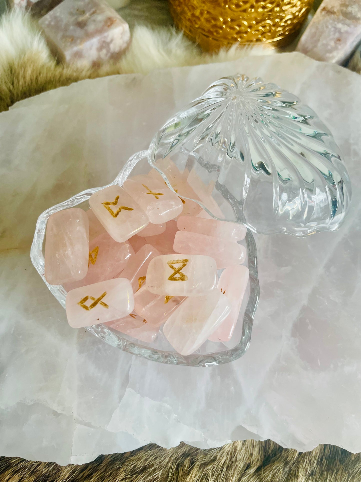 Rose Quartz Rune Set and Glass Heart Bowl